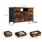 Meuble TV commode avec prise de courant et lumières LED pour téléviseur de 55", centre de divertissement à 8 tiroirs, commode en tissu avec plateau en bois, noir