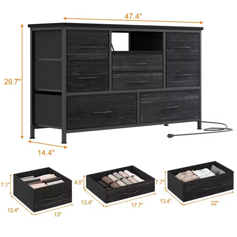 Meuble TV commode avec prise de courant et lumières LED pour téléviseur de 55", centre de divertissement à 8 tiroirs, commode en tissu avec plateau en bois, noir