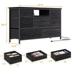 Meuble TV commode avec prise de courant et lumières LED pour téléviseur de 55", centre de divertissement à 8 tiroirs, commode en tissu avec plateau en bois, noir