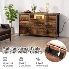 Meuble TV commode avec prise de courant et lumières LED pour téléviseur de 55", centre de divertissement à 8 tiroirs, commode en tissu avec plateau en bois, noir