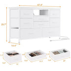 Meuble TV commode avec prise de courant et lumières LED pour téléviseur de 55", centre de divertissement à 8 tiroirs, commode en tissu avec plateau en bois, noir