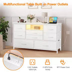 Meuble TV commode avec prise de courant et lumières LED pour téléviseur de 55", centre de divertissement à 8 tiroirs, commode en tissu avec plateau en bois, noir