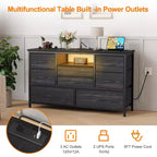Meuble TV commode avec prise de courant et lumières LED pour téléviseur de 55", centre de divertissement à 8 tiroirs, commode en tissu avec plateau en bois, noir
