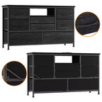 Meuble TV commode avec prise de courant et lumières LED pour téléviseur de 55", centre de divertissement à 8 tiroirs, commode en tissu avec plateau en bois, noir