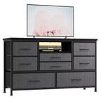 Meuble TV commode avec prise de courant et lumières LED pour téléviseur de 55", centre de divertissement à 8 tiroirs, commode en tissu avec plateau en bois, noir