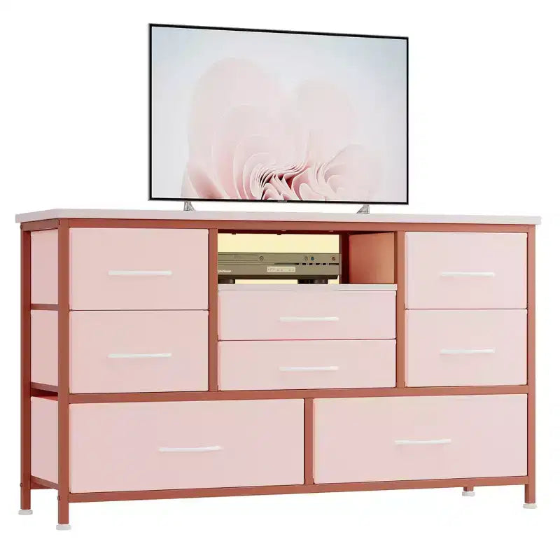 Meuble TV commode avec prise de courant et lumières LED pour téléviseur de 55", centre de divertissement à 8 tiroirs, commode en tissu avec plateau en bois, noir