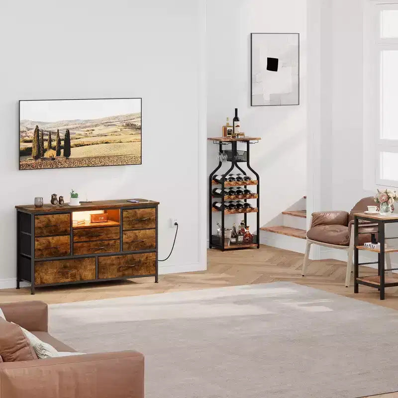 Meuble TV commode avec prise de courant et lumières LED pour téléviseur de 55", centre de divertissement à 8 tiroirs, commode en tissu avec plateau en bois, noir