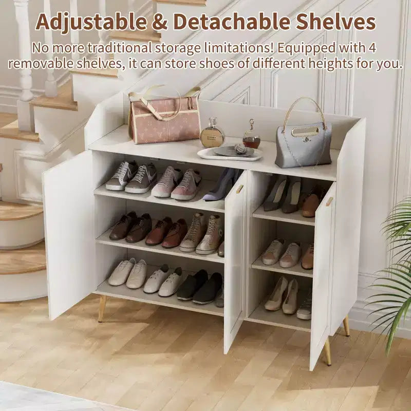 Meuble de rangement pour chaussures VECELO à 3 niveaux avec 2 étagères réglables, meuble d'appoint avec organisateur latéral et crochets muraux pour l'entrée, blanc
