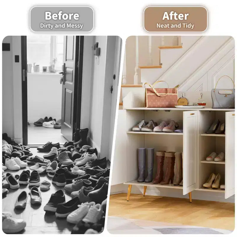 Meuble de rangement pour chaussures VECELO à 3 niveaux avec 2 étagères réglables, meuble d'appoint avec organisateur latéral et crochets muraux pour l'entrée, blanc