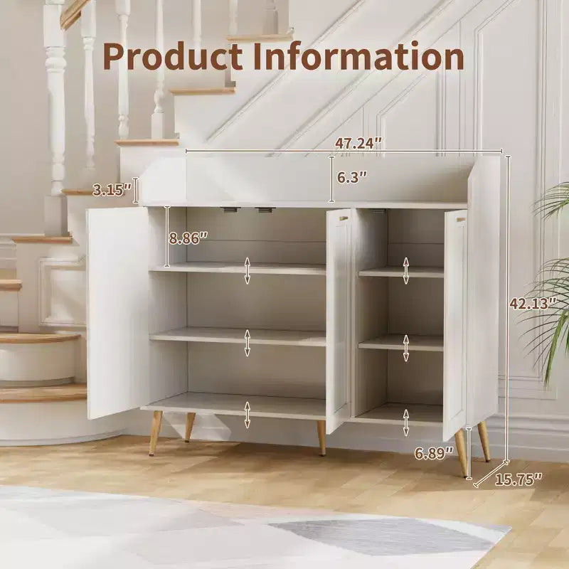 Meuble de rangement pour chaussures VECELO à 3 niveaux avec 2 étagères réglables, meuble d'appoint avec organisateur latéral et crochets muraux pour l'entrée, blanc