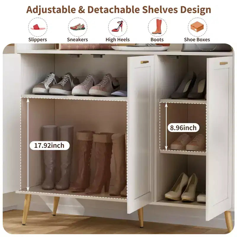 Meuble de rangement pour chaussures VECELO à 3 niveaux avec 2 étagères réglables, meuble d'appoint avec organisateur latéral et crochets muraux pour l'entrée, blanc