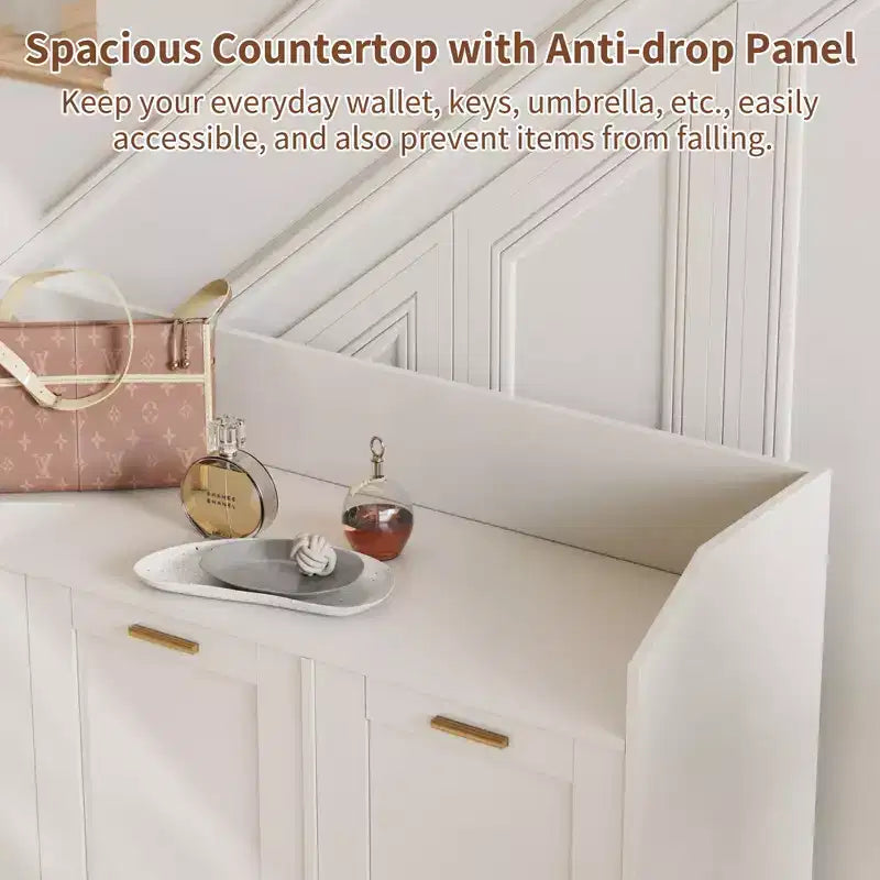 Meuble de rangement pour chaussures VECELO à 3 niveaux avec 2 étagères réglables, meuble d'appoint avec organisateur latéral et crochets muraux pour l'entrée, blanc