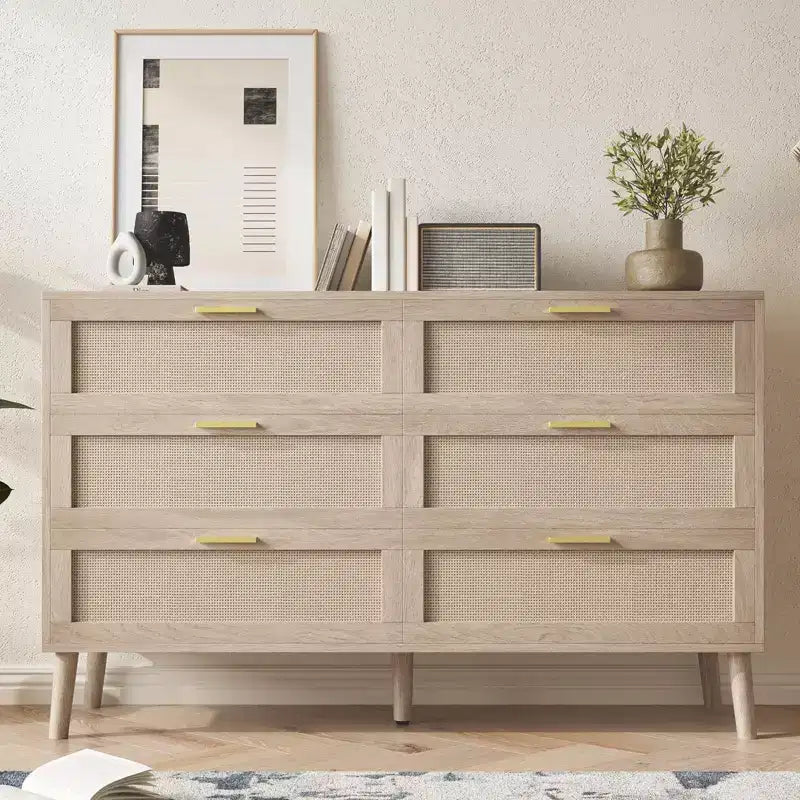 Commode en rotin à 8 tiroirs, commode de style moderne du milieu du siècle pour placard avec poignées, grand plateau de table