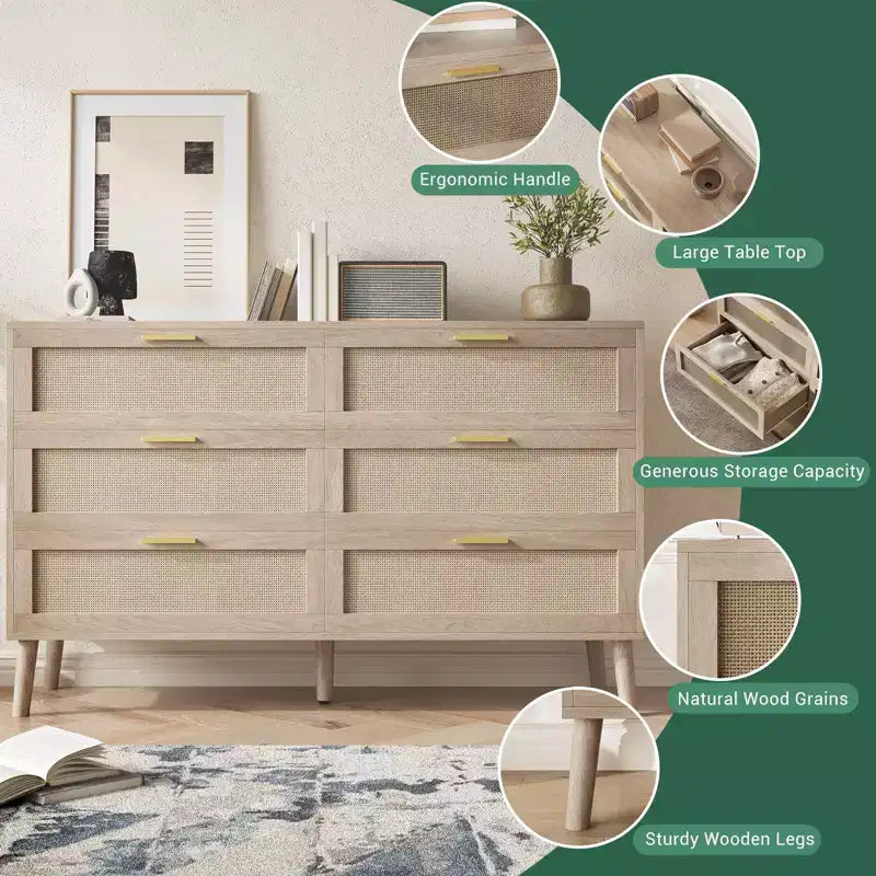 Commode en rotin à 8 tiroirs, commode de style moderne du milieu du siècle pour placard avec poignées, grand plateau de table