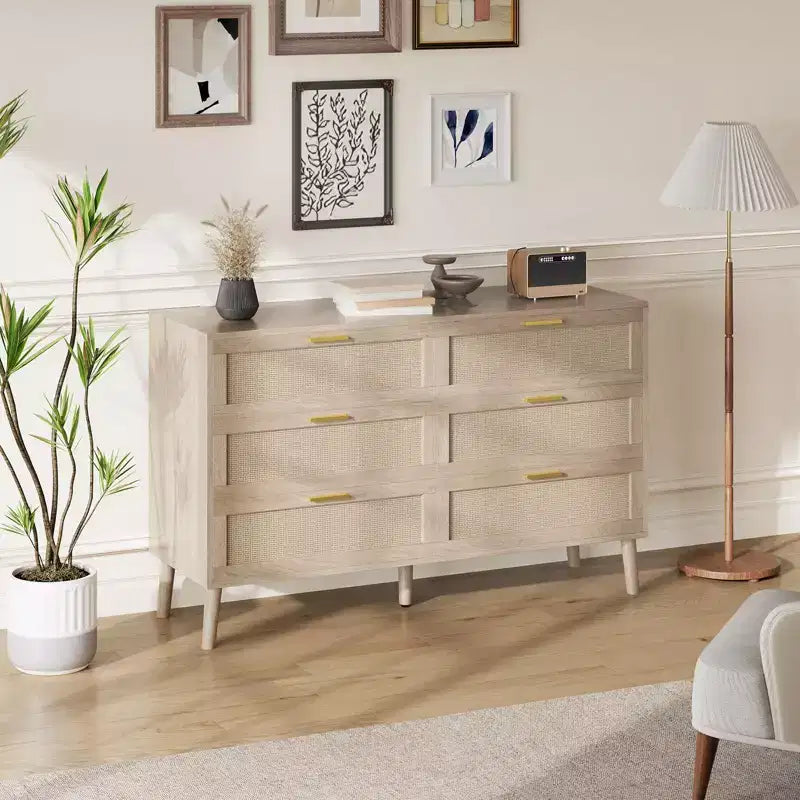 Commode en rotin à 8 tiroirs, commode de style moderne du milieu du siècle pour placard avec poignées, grand plateau de table