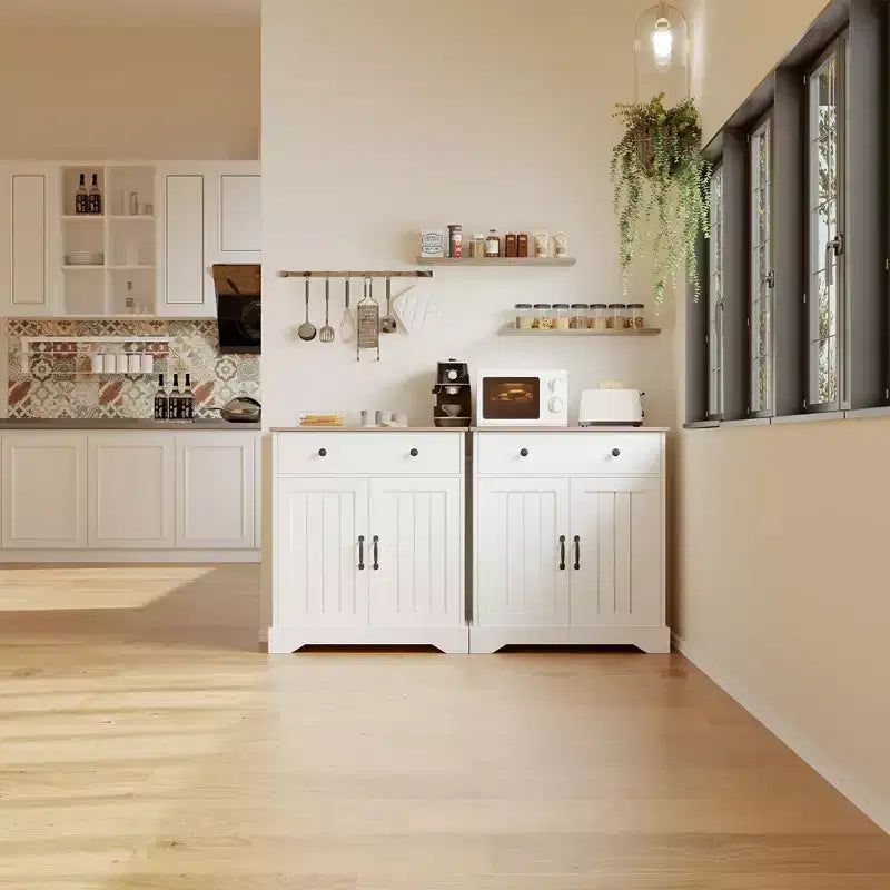 Meuble de buffet de 75 cm avec étagères réglables, armoire de bar à café polyvalente en bois blanc avec portes pour le rangement de la salle à manger et le garde-manger de la cuisine