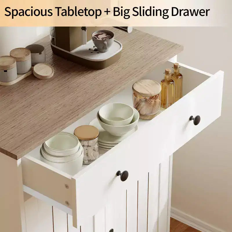 Meuble de buffet de 75 cm avec étagères réglables, armoire de bar à café polyvalente en bois blanc avec portes pour le rangement de la salle à manger et le garde-manger de la cuisine