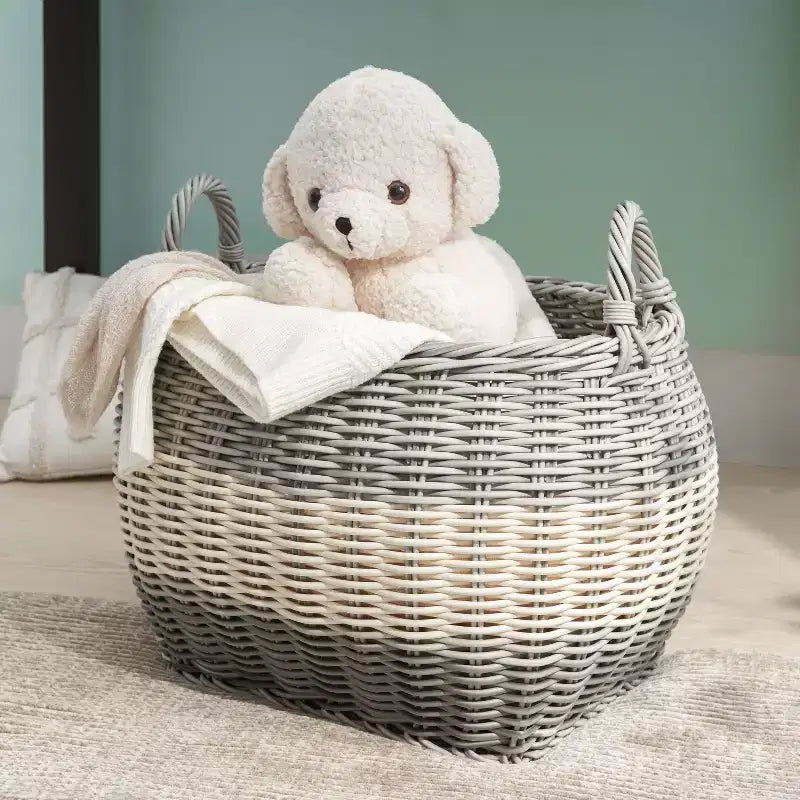 Panier de rangement multi-usage Zita rond en résine tressée avec poignées - 18 x 18 x 15,7 - Blanc-gris - Pour serviettes