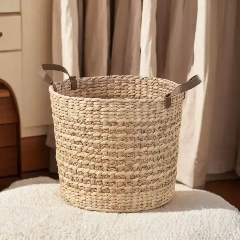 Panier de rangement multi-usage Zita rond en résine tressée avec poignées - 18 x 18 x 15,7 - Blanc-gris - Pour serviettes