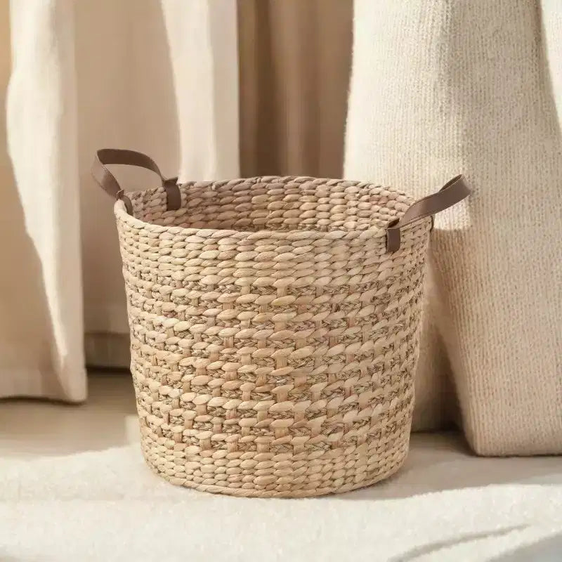 Panier de rangement multi-usage Zita rond en résine tressée avec poignées - 18 x 18 x 15,7 - Blanc-gris - Pour serviettes