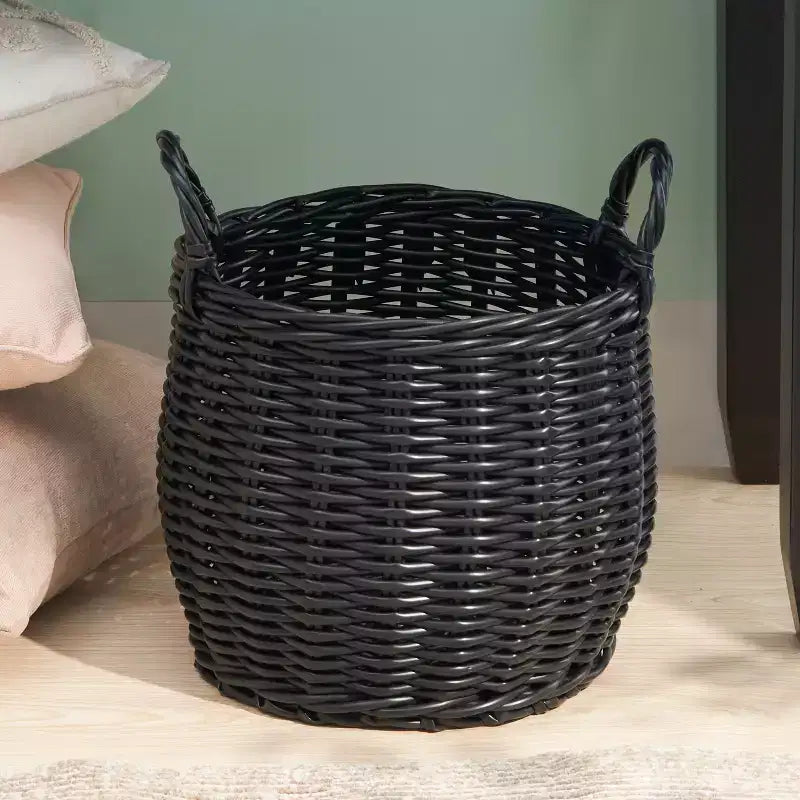 Panier de rangement multi-usage Zita rond en résine tressée avec poignées - 18 x 18 x 15,7 - Blanc-gris - Pour serviettes