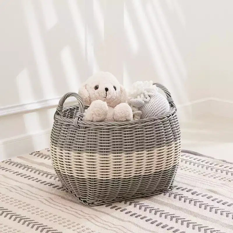 Panier de rangement multi-usage Zita rond en résine tressée avec poignées - 18 x 18 x 15,7 - Blanc-gris - Pour serviettes