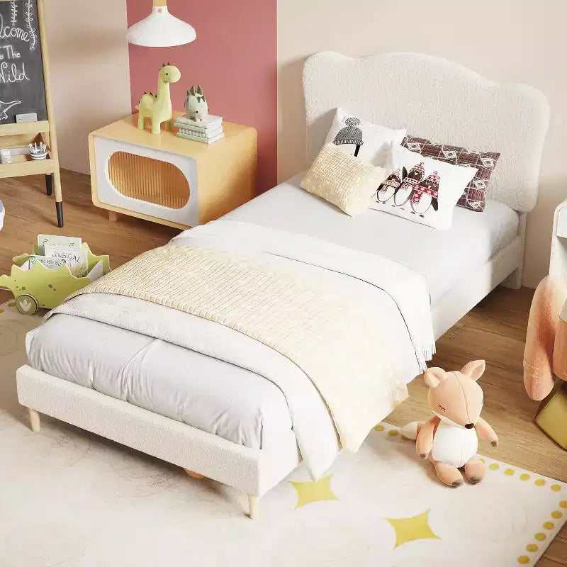 Twin Size Bed Frame with Adjustable Headboard, Boucle Upholstered Platform Bed for Kids, Strong Wood Slats, No Box Spring Needed