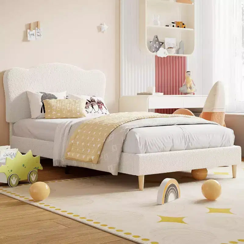 Cadre de lit double avec tête de lit réglable, lit plateforme rembourré en tissu bouclé pour enfants, lattes en bois solides, pas besoin de sommier tapissier