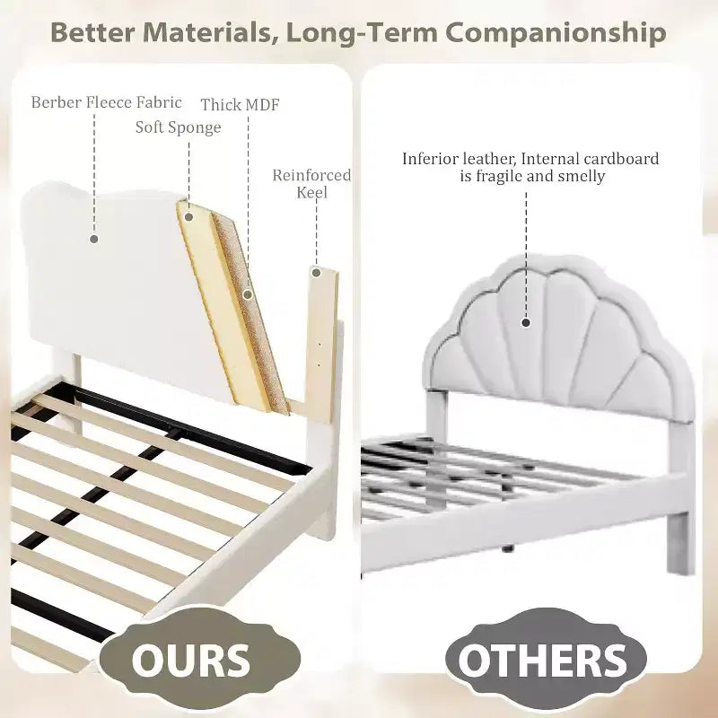 Cadre de lit double avec tête de lit réglable, lit plateforme rembourré en tissu bouclé pour enfants, lattes en bois solides, pas besoin de sommier tapissier