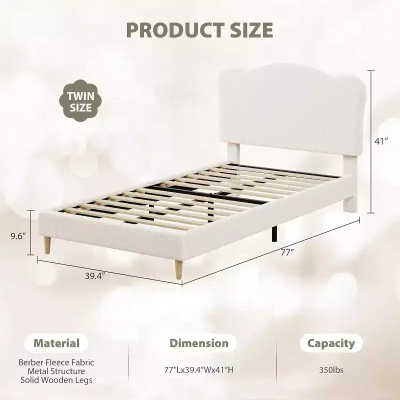 Cadre de lit double avec tête de lit réglable, lit plateforme rembourré en tissu bouclé pour enfants, lattes en bois solides, pas besoin de sommier tapissier