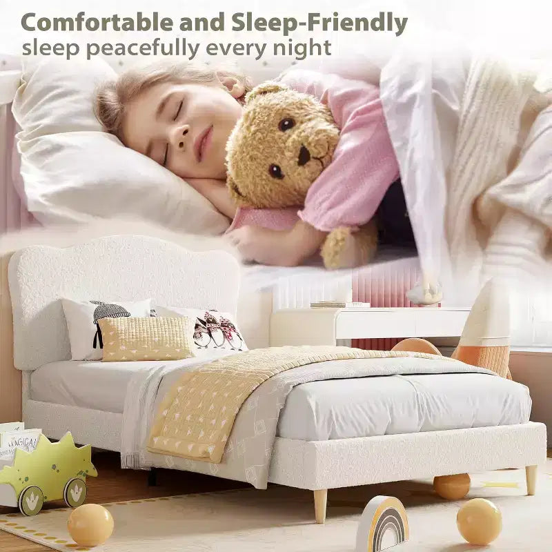Cadre de lit double avec tête de lit réglable, lit plateforme rembourré en tissu bouclé pour enfants, lattes en bois solides, pas besoin de sommier tapissier