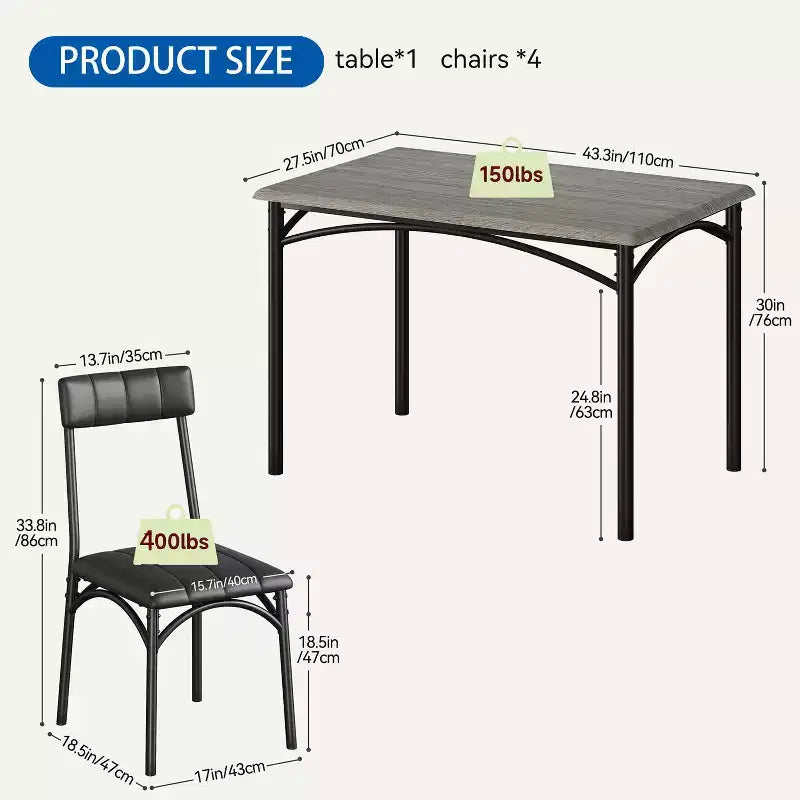 Ensemble table de cuisine rectangulaire 5 pièces GustoWave, avec chaises rembourrées