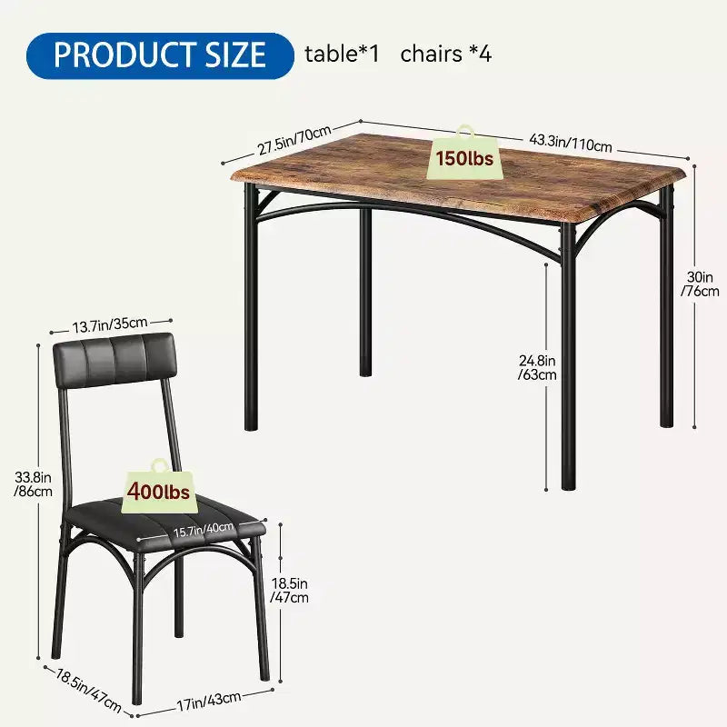 Ensemble table de cuisine rectangulaire 5 pièces GustoWave, avec chaises rembourrées