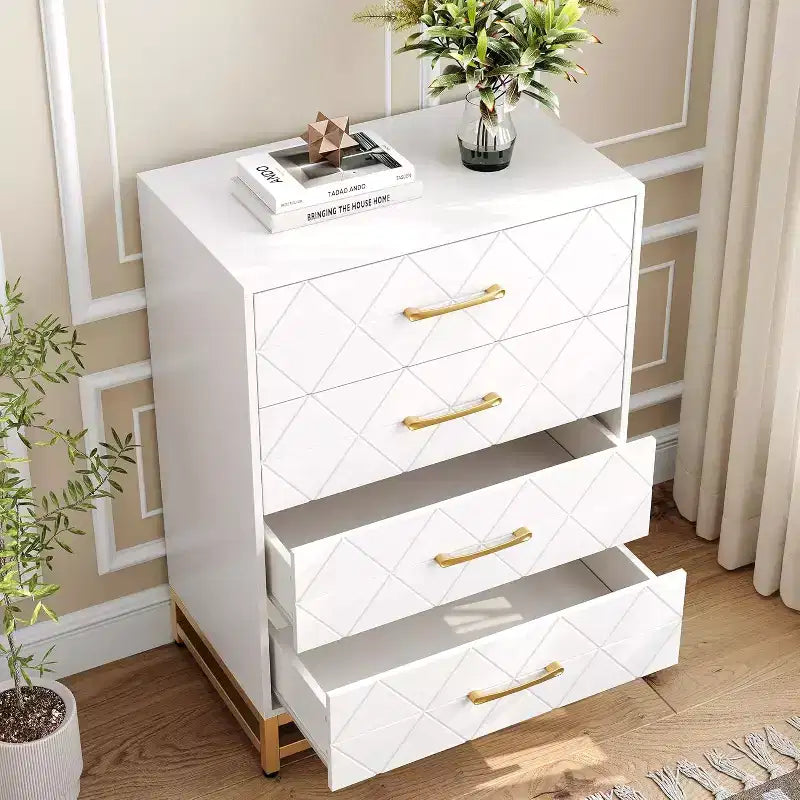 Commode de chambre à 4 tiroirs, commode moderne, avec tiroirs larges et poignées métalliques, commode en bois, noire