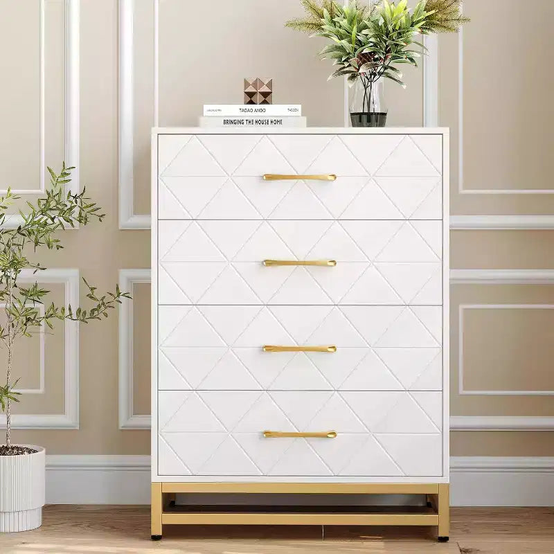 Commode de chambre à 4 tiroirs, commode moderne, avec tiroirs larges et poignées métalliques, commode en bois, noire