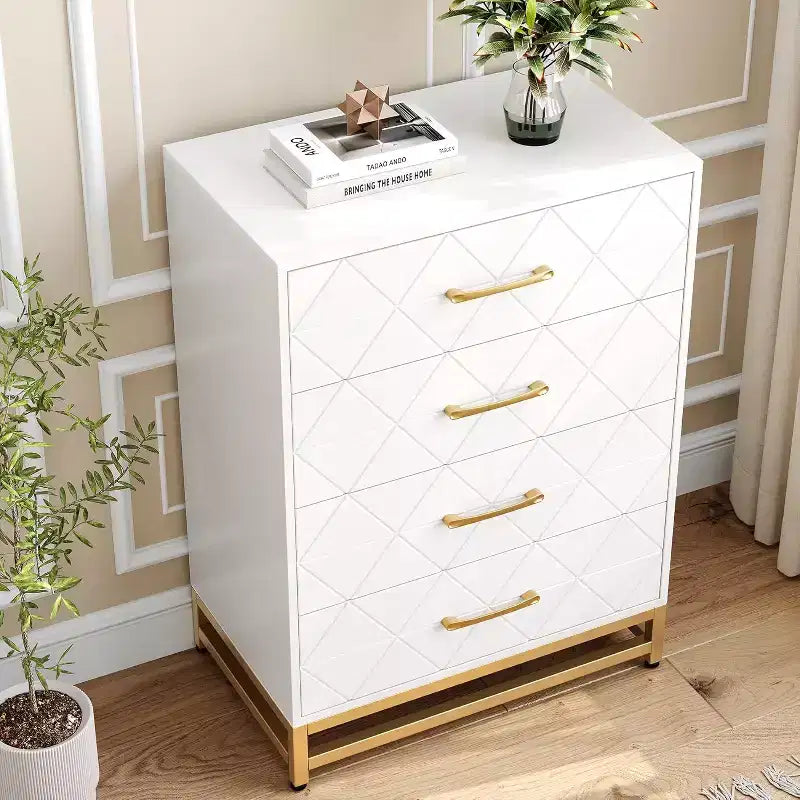 Commode de chambre à 4 tiroirs, commode moderne, avec tiroirs larges et poignées métalliques, commode en bois, noire