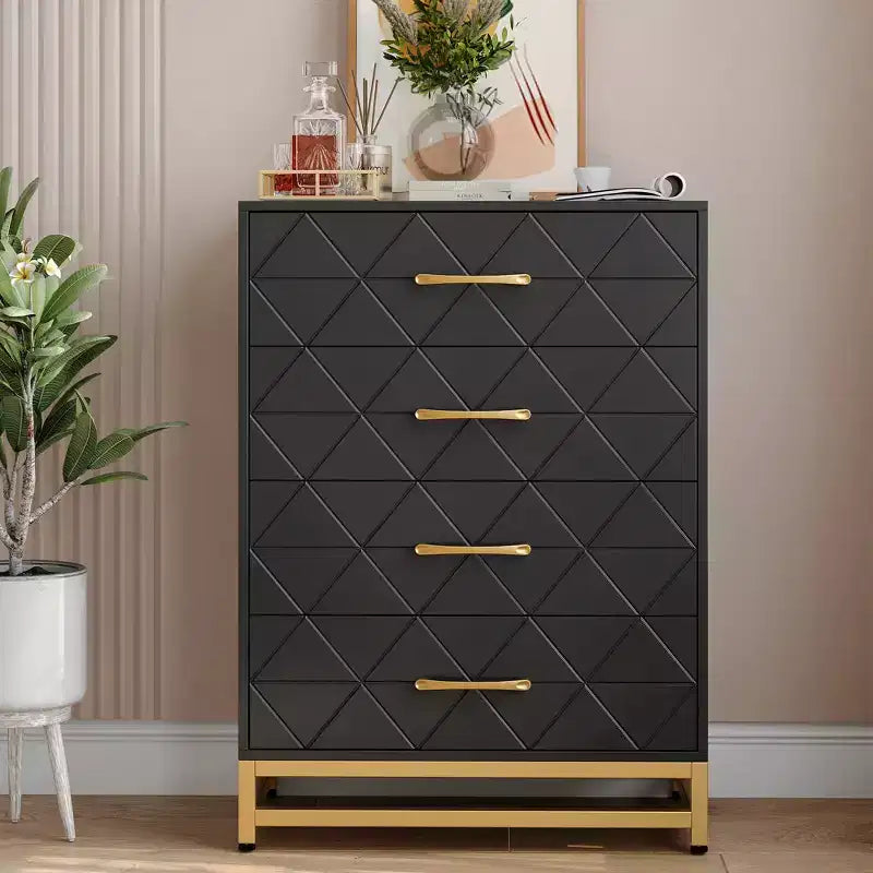 Commode de chambre à 4 tiroirs, commode moderne, avec tiroirs larges et poignées métalliques, commode en bois, noire