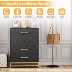 Commode de chambre à 4 tiroirs, commode moderne, avec tiroirs larges et poignées métalliques, commode en bois, noire