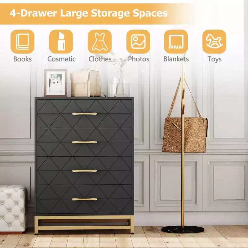 Commode de chambre à 4 tiroirs, commode moderne, avec tiroirs larges et poignées métalliques, commode en bois, noire