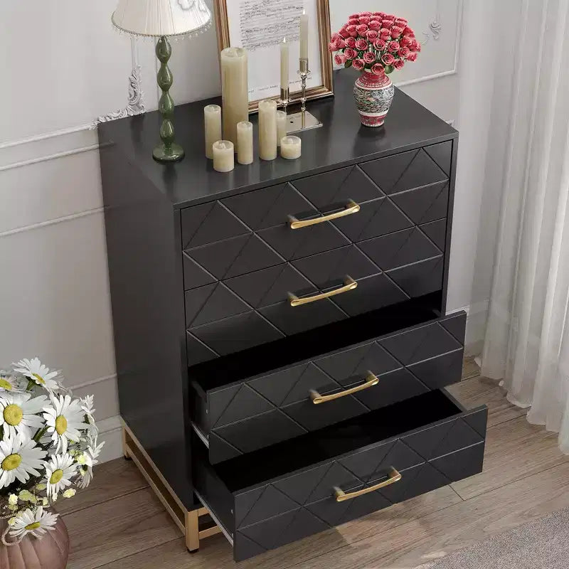 Commode de chambre à 4 tiroirs, commode moderne, avec tiroirs larges et poignées métalliques, commode en bois, noire