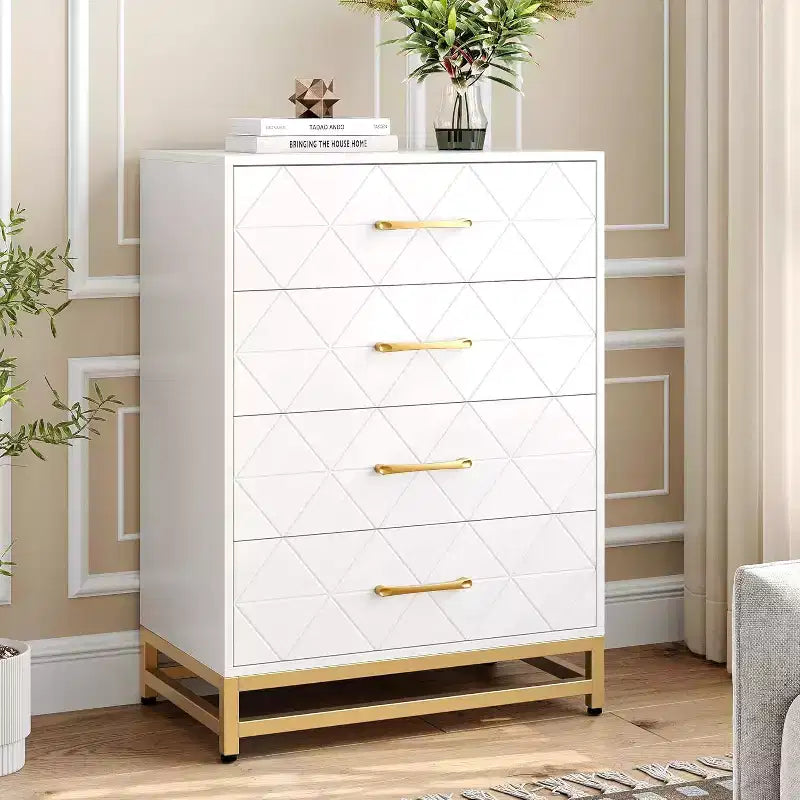 Commode de chambre à 4 tiroirs, commode moderne, avec tiroirs larges et poignées métalliques, commode en bois, noire