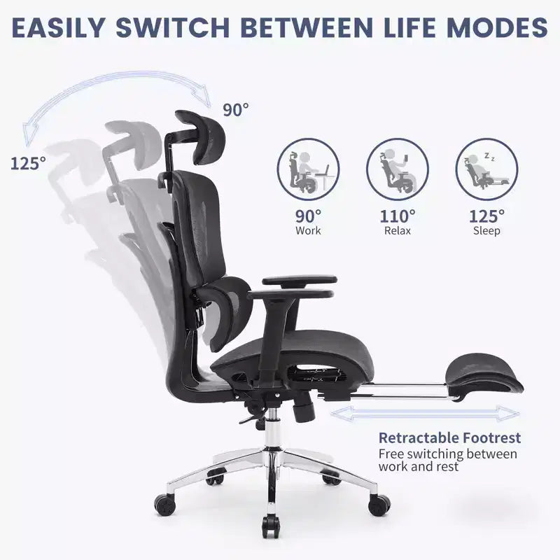 Chaise de bureau ergonomique, chaise de bureau ergonomique à dossier haut avec support lombaire réglable, chaise de bureau à domicile en maille, chaise de jeu avec repose-pieds