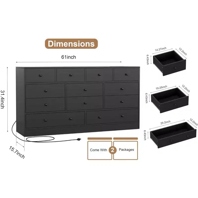 Commode à 12 tiroirs pour chambre à coucher avec prise électrique, meuble de rangement en bois de 155 cm pour chambre à coucher, dressing ou salon