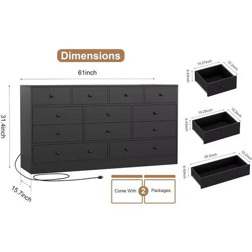Commode à 12 tiroirs pour chambre à coucher avec prise électrique, meuble de rangement en bois de 155 cm pour chambre à coucher, dressing ou salon