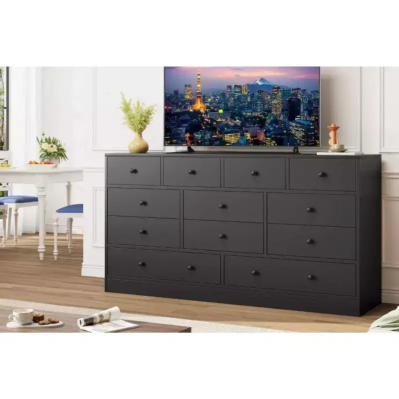 Commode à 12 tiroirs pour chambre à coucher avec prise électrique, meuble de rangement en bois de 155 cm pour chambre à coucher, dressing ou salon