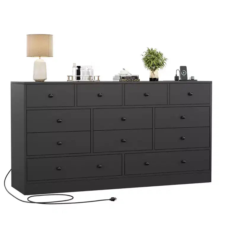 Commode à 12 tiroirs pour chambre à coucher avec prise électrique, meuble de rangement en bois de 155 cm pour chambre à coucher, dressing ou salon