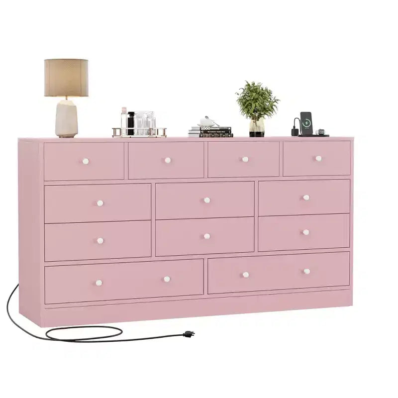 Commode à 12 tiroirs pour chambre à coucher avec prise électrique, meuble de rangement en bois de 155 cm pour chambre à coucher, dressing ou salon