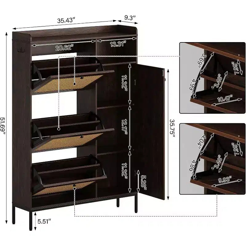 Meuble à chaussures autoportant CuisinSmart 3 niveaux avec rotin naturel, organisateur de chaussures avec étagères réglables, étagère à chaussures étroite pour couloir, couleur cerisier