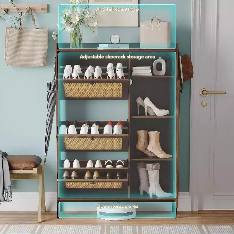 Meuble à chaussures autoportant CuisinSmart 3 niveaux avec rotin naturel, organisateur de chaussures avec étagères réglables, étagère à chaussures étroite pour couloir, couleur cerisier