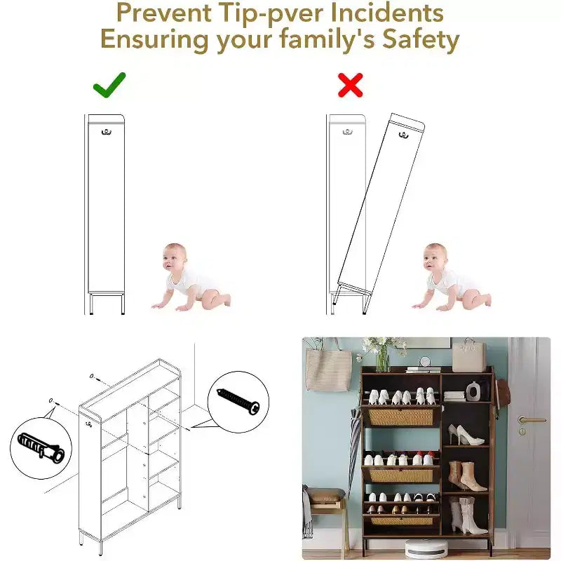 Meuble à chaussures autoportant CuisinSmart 3 niveaux avec rotin naturel, organisateur de chaussures avec étagères réglables, étagère à chaussures étroite pour couloir, couleur cerisier